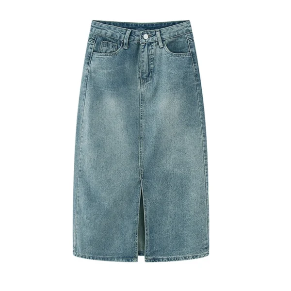 Summer New High-waist Slit Denim Skirt For Women Washed Retro A- line Skirt Hip-covering Straight Long Skirt - Image 6