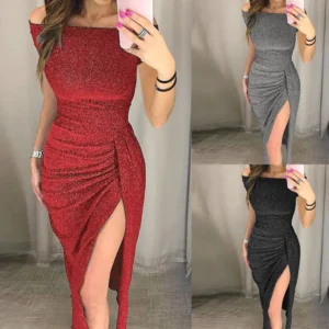 Women Summer dress 2025 new fashion bag buttock slit a line collar glitter dinner dresses women vestidos TXGL513