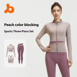 Juyitang peach color matching three-piece nude yoga set running waist fitness set