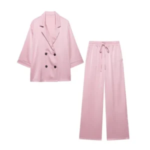 Women High Waist Pants Set Spring 2 Piece Double-Breasted Satin Blazers Two Piece Lace Up Creased-Effect Trousers Women Outfit
