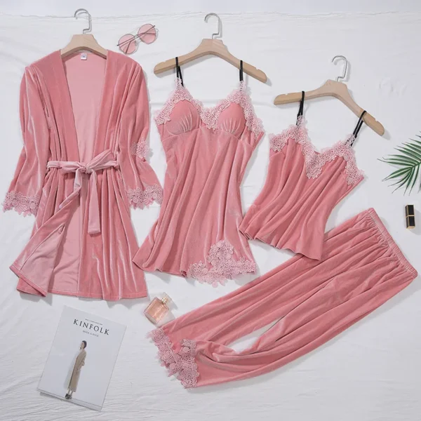 TOP Casual Velour Home Clothing 4pcs Sleep Set Intimate Lingerie Women Pajamas Suit Long Sleeve Lace Velvet Homewear Pyjamas set - Image 4