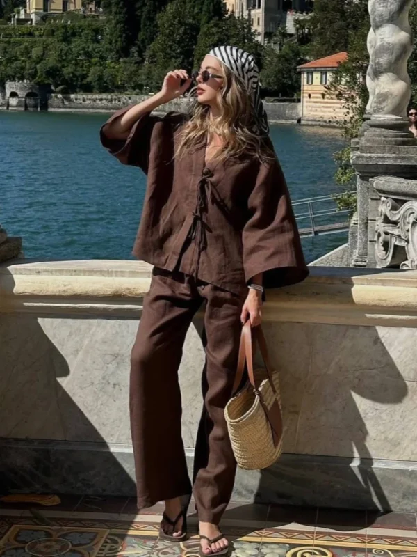 Casual Women Solid Cotton Linen Loose Shirt Pants Set Fashion Single Breasted Blouses Wide Leg Pants Suits Summer Lady Outfits - Image 2