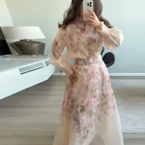 Elegant Print Long Skirt Set Women Loose Floral Button Long Sleeve Shirt Pleated A-line Skirts 2025 Autumn Party Lady Outfit