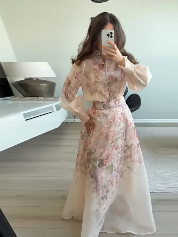 Elegant Print Long Skirt Set Women Loose Floral Button Long Sleeve Shirt Pleated A-line Skirts 2025 Autumn Party Lady Outfit