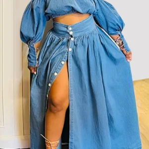 Plus Size Women's Casual Off The Shoulder Split Button Two Pieces Demin Skirt Set Lantern Sleeve Vintage Crop Top Matching Set