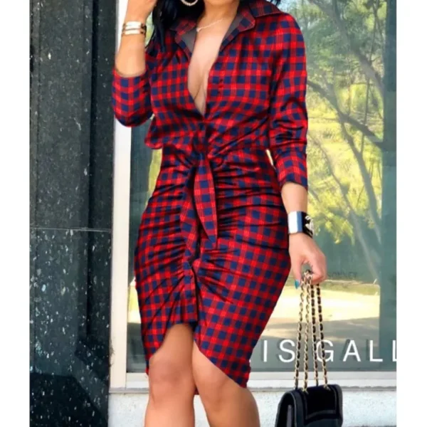 Summer Autumn New Elegant Ladies's Dress 2024 V-neck Strap Solid Color Elastic Waist Bag Hip Printed Long Sleeve Shirt Dress - Image 4