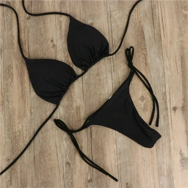 Solid Color Hanging Neck Style Lace-Up Bikini Women's Adjustable Triangle Beach Swimsuit No Steel Bracket No Chest Pad - Image 4