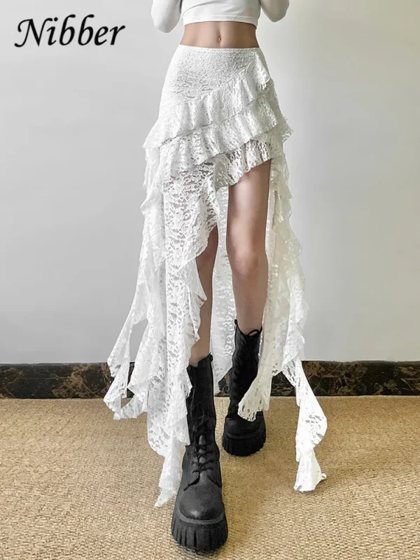 Nibber Tassels Women Skirts Irregular Hem Multi-Layered Ruffles Lace Patchwork Sweet Summer Trend Daily Skinny Versatile Bottoms - Image 3