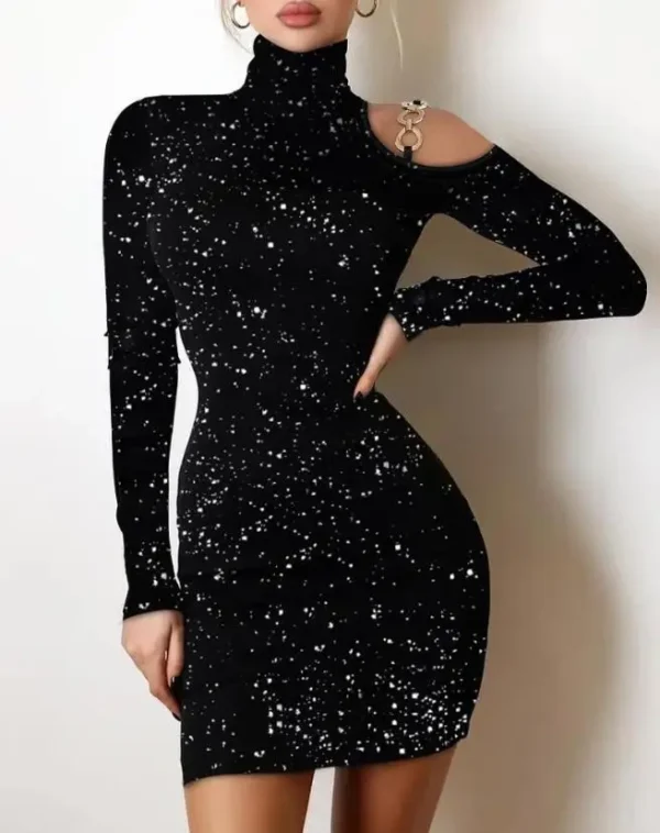 Dresses for Women 2022 Autumn Fashion Rhinestone Decor Sheer Mesh Mock Neck Plain Long Sleeve Skinny Sexy Mini Party Dress - Image 5