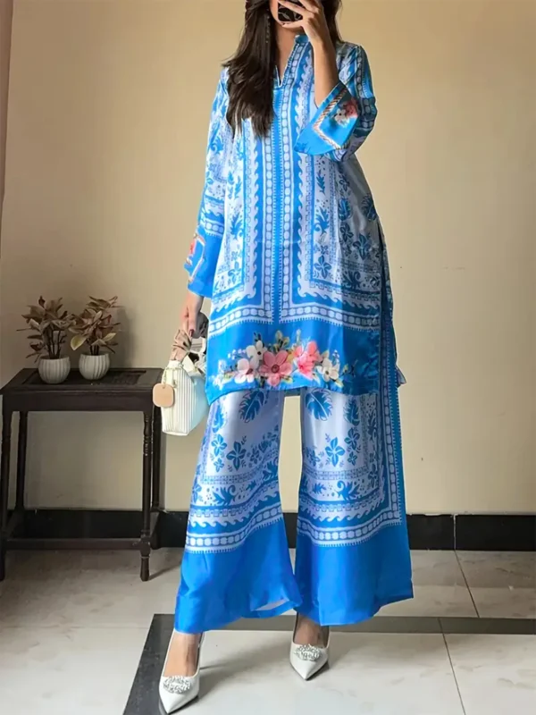 Plus size women's casual fashion ethnic style mid-length printed top and wide-leg pants suit two-piece set - Image 3