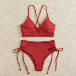 Solid Bikini Set Swimsuit Women V Neck Backless Lace Up High Cut Thong Split Bathing Suit 2025 New Beach Swimwear 2 Piece Sets