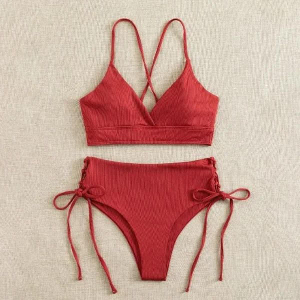 Solid Bikini Set Swimsuit Women V Neck Backless Lace Up High Cut Thong Split Bathing Suit 2025 New Beach Swimwear 2 Piece Sets