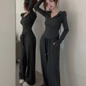 Casual Sporty Two-Piece Set Hoodie Jacket Women's Spring Autumn Wide Leg Pants Long Pants Fashionable Ensemble Polyester Fiber