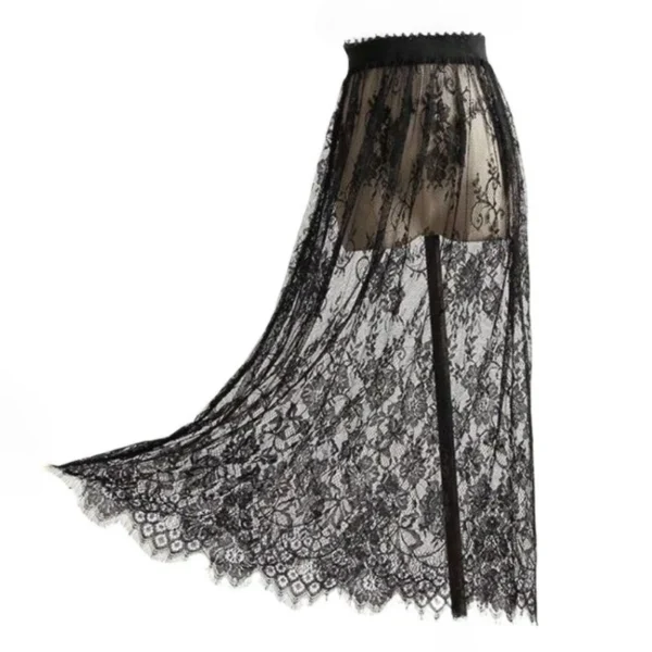 Transparent Elegant Black Lace Skirt High Waist Tulle Beach Dress Summer Sheer Y2K Mid Length Women's Comfort Cover Up Swimsuit - Image 2