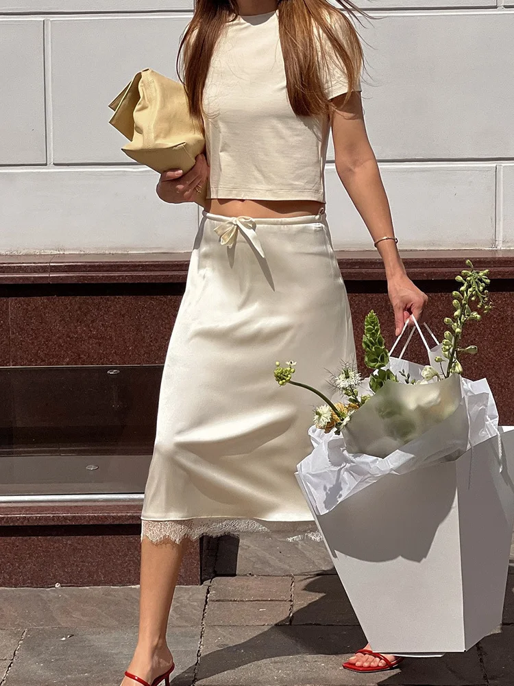 Absobe Women's Lace Patchwork Midi Straight Skirt Satin Drawstring Lacing Loose Long Skirt Contrast Casual Commuter Streetwear - Image 2