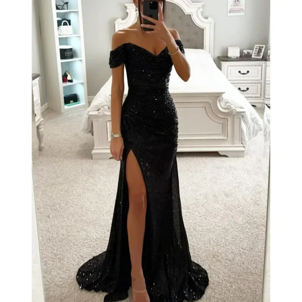 Womens Dresses New Party Sequin One Line Neckline Slit Dress Casual Fashion Dress for Women - Image 5