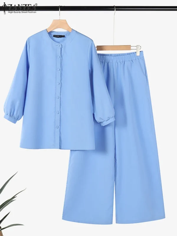 ZANZEA Autumn 2PCS Outfits Women Elegant Long Sleeve Blouse Trousers Suit Matching Sets 2025 Casual Solid OL Work Tracksuits - Image 2