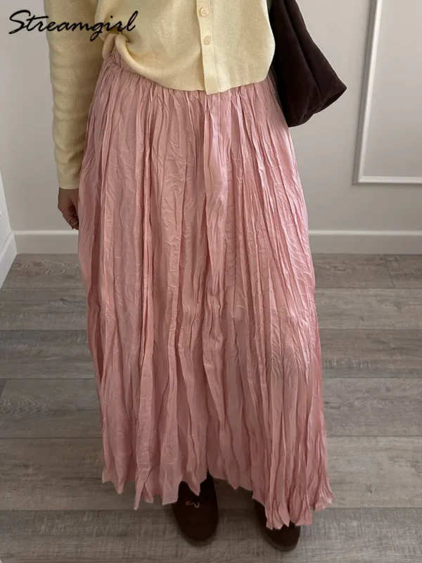 Streamgirl Women Summer Skirts Long Pleated A Line Elegant Solid Big Swing Maxi Skirt Ladies Blue White Beach Skirt Women Luxury - Image 3