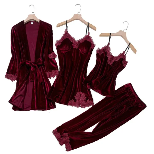 TOP Casual Velour Home Clothing 4pcs Sleep Set Intimate Lingerie Women Pajamas Suit Long Sleeve Lace Velvet Homewear Pyjamas set - Image 5