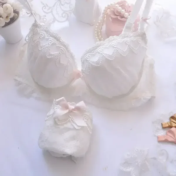 High Quality Japanese Kawaii LolitaWater-soluble Embroidery Thin Cup Girl Cute Gathering Sexy Lingerie Set Large Bra Set - Image 5