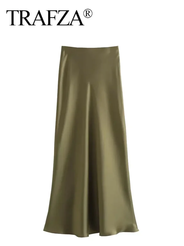 TRAFZA 2024 Y2K Casual Women Long Skirt Spring Elastic High Waisted A-Line Casual Female Satin Skirts High Street Lady Skirts - Image 2