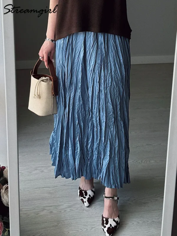 Streamgirl Women Summer Skirts Long Pleated A Line Elegant Solid Big Swing Maxi Skirt Ladies Blue White Beach Skirt Women Luxury - Image 4
