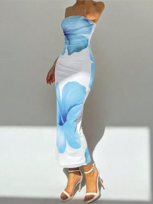 Elegant Fashionable Printed Long Dress New Summer Women's Sexy Slim Fit Chest Wrapped Off Shoulder Casual Dress - Image 6