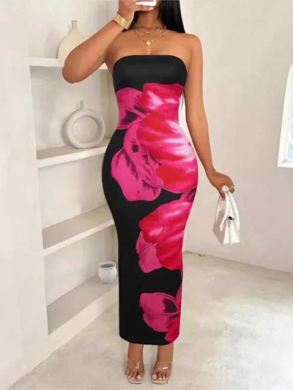 Elegant Fashionable Printed Long Dress New Summer Women's Sexy Slim Fit Chest Wrapped Off Shoulder Casual Dress - Image 2