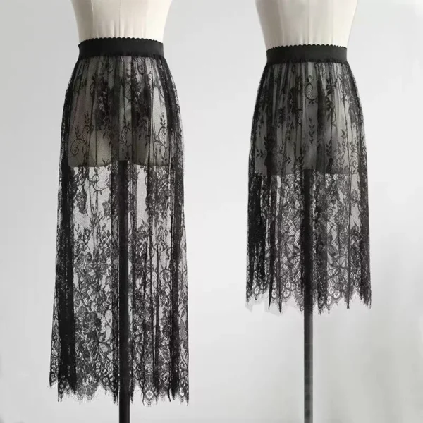 Transparent Elegant Black Lace Skirt High Waist Tulle Beach Dress Summer Sheer Y2K Mid Length Women's Comfort Cover Up Swimsuit - Image 3