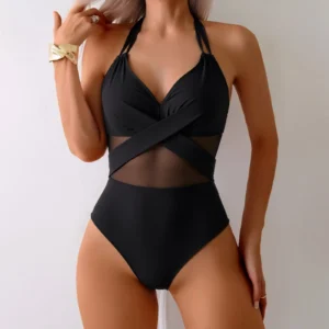 Russian New Style Women's One-Piece Swimsuit Pure Color Mesh Bikini Swimwear Tankini Monokini Fashionable Female Bathing Suit