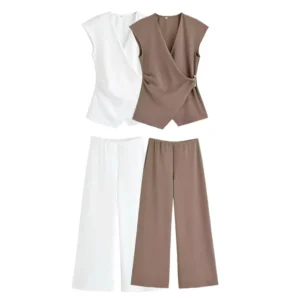 TRAF Simple Style Wide Leg Pants 2 Pieces Sets For Women Ruched Pin Vest Top Trousers Women's Suit 2025 New Casual Woman Outfits