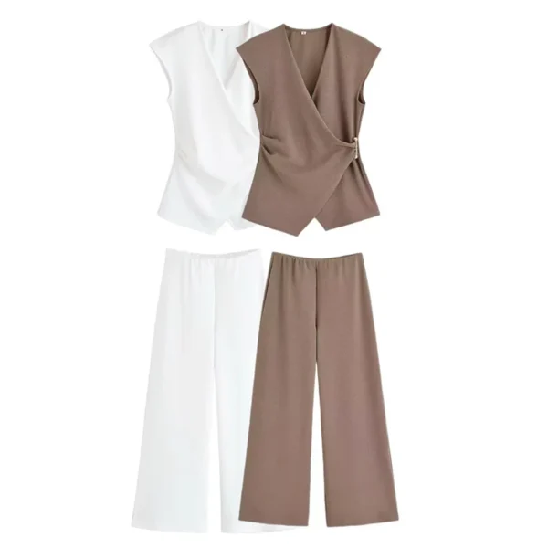 TRAF Simple Style Wide Leg Pants 2 Pieces Sets For Women Ruched Pin Vest Top Trousers Women's Suit 2025 New Casual Woman Outfits