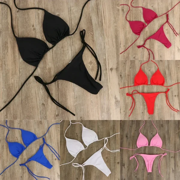 Solid Color Hanging Neck Style Lace-Up Bikini Women's Adjustable Triangle Beach Swimsuit No Steel Bracket No Chest Pad - Image 2