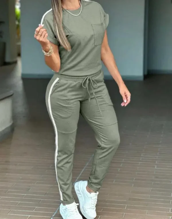Women's Sports Suits 2025 Spring Summer 2 Pieces Outfit Contrast Paneled Round Neck Short Sleeve Top Pocket Drawstring Pants Set - Image 2