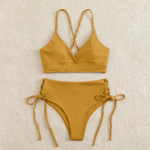 Solid Bikini Set Swimsuit Women V Neck Backless Lace Up High Cut Thong Split Bathing Suit 2025 New Beach Swimwear 2 Piece Sets - Image 4