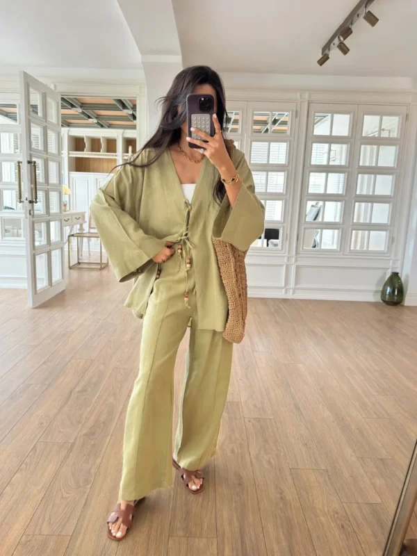 Casual Beading Lace Up Shirt Pants Set Women Loose V Neck String Long Sleeve Shirt Wide Leg Pant 2024 Autumn Chic Lady Outfit - Image 2