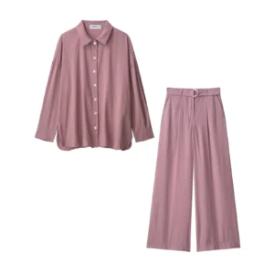 Fashion Solid Casual Blouse Outfit Spring Women Long Sleeves Lapel Shirt+High Waist Loose Wide Leg Pants Autumn Two Piece Set