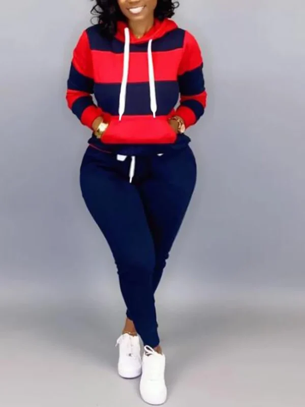 LW Plus Size Striped Drawstring Tracksuit Set Autumn Women Hoodie Pants Set Striped Printed Hooded Long Sleeve Warm Sweatshirts - Image 3