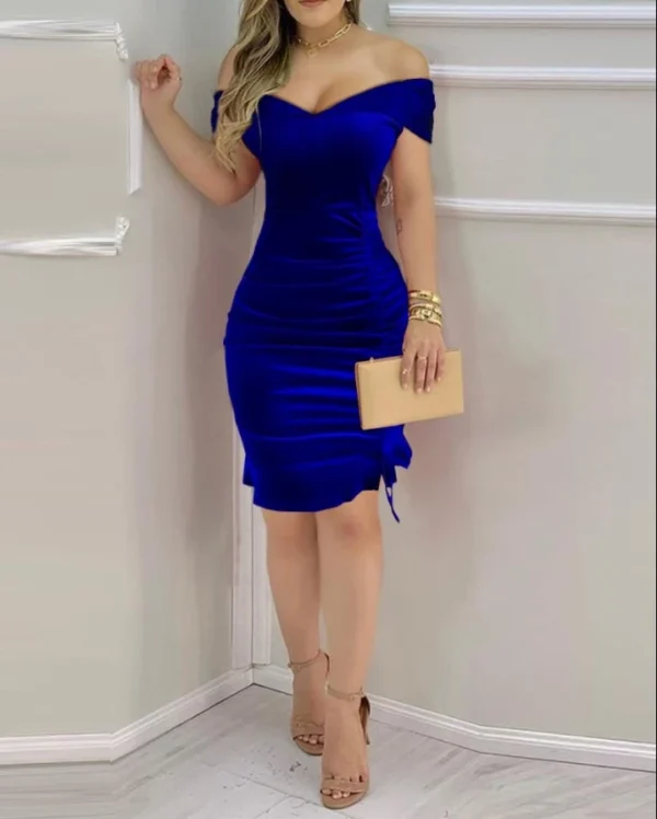 Female Glitter Off Shoulder Velvet Elegant Party Dress Temperament Fashion Women's Clothes Drawstring Glamorous  Dresses - Image 2