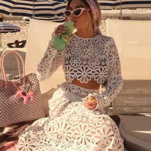 Elegant See Through Crochet Top Women Set Hallow Out Flare Long Sleeve Top Slim Empire Hip Package Skirts 2025 Summer Lady Set