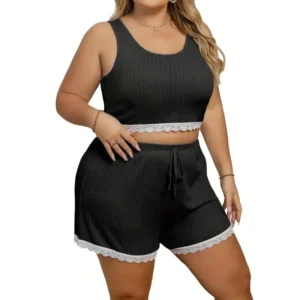 Plus Size 1XL-5XL New Women's Fashion Pajama Set with Tank Top and Shorts Sexy Lace-Inspired Sleepwear Casual Outfit