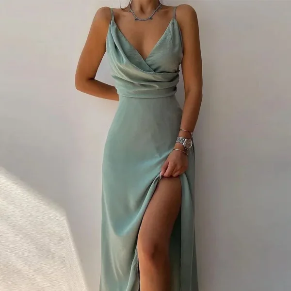 Summer Elegant Suspender Tight Women's Dress Fashionable And Sexy V-neck Striped Print Slit Drawstring High Waist Long Skirt - Image 2