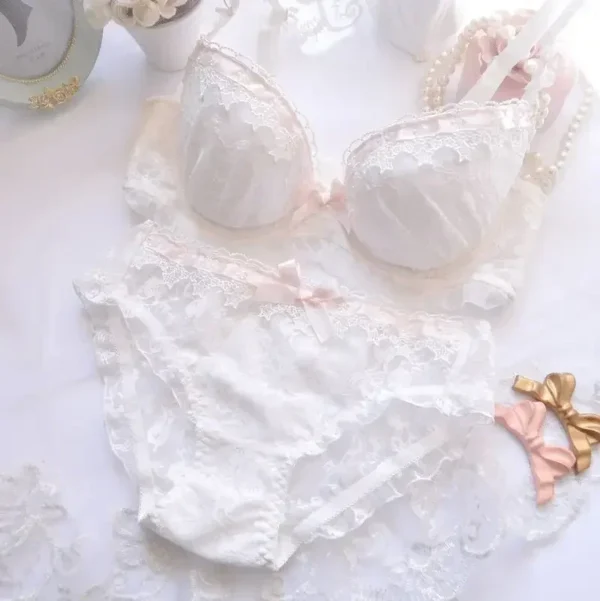 High Quality Japanese Kawaii LolitaWater-soluble Embroidery Thin Cup Girl Cute Gathering Sexy Lingerie Set Large Bra Set