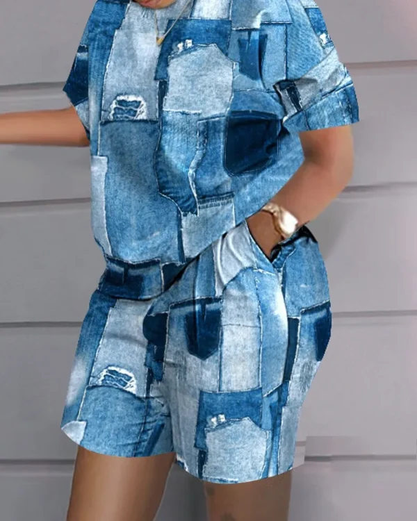 Women Casual Short Sleeve Outfit 2024 Summer Fashion Letter Printed O Neck Pocket Suit Female T Shirt Top Shorts Two Pieces Set - Image 2