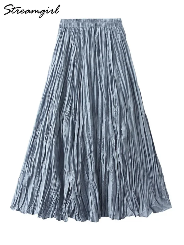 Streamgirl Women Summer Skirts Long Pleated A Line Elegant Solid Big Swing Maxi Skirt Ladies Blue White Beach Skirt Women Luxury - Image 6