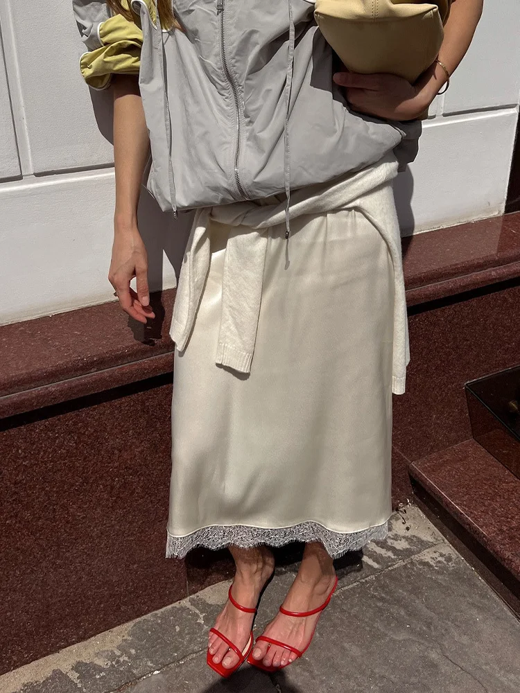 Absobe Women's Lace Patchwork Midi Straight Skirt Satin Drawstring Lacing Loose Long Skirt Contrast Casual Commuter Streetwear - Image 3