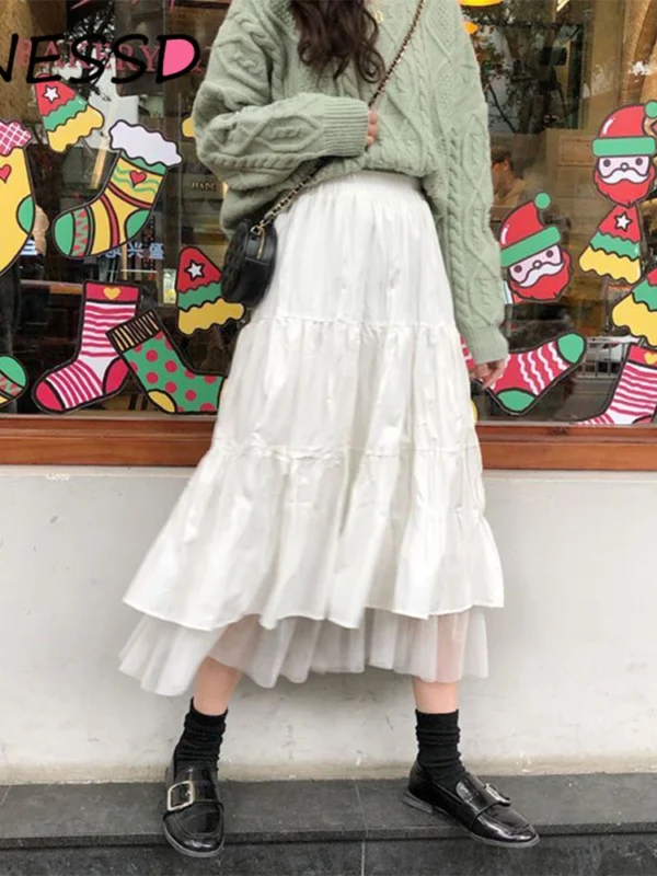 Long Tulle Midi Skirts Womens Autumn Elastic High Waist Mesh Tutu Pleated Skirts Female Black White Long Skirt Streetwear - Image 2