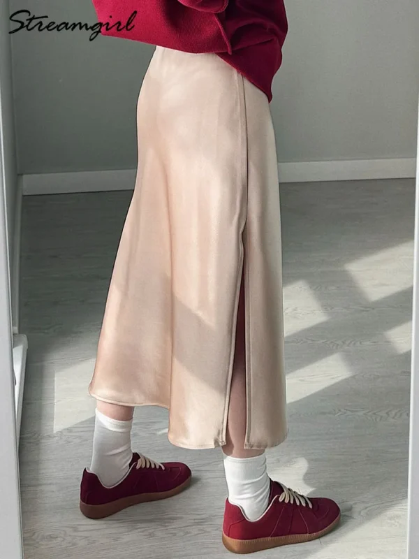 Streamgirl Office Black Midi Skirts For Women High Waist Elegant Silk Skirt Ladies Solid Women Satin Skirt With Slit On The Side - Image 4