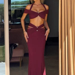 Weird Puss Sexy Fashion 2 Piece Set Women Halter Slash Neck Off Shoulder Crop Tops+Ruched Hollow Skirts Prom Party Elegant Suits