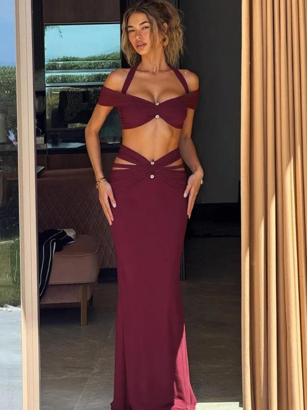 Weird Puss Sexy Fashion 2 Piece Set Women Halter Slash Neck Off Shoulder Crop Tops+Ruched Hollow Skirts Prom Party Elegant Suits
